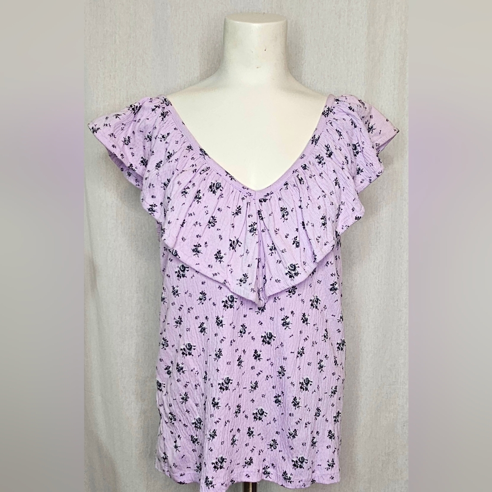 LOFT Ann Taylor Lavender Floral Ruffle Sleeveless Cotton Boho Top Size XS‎